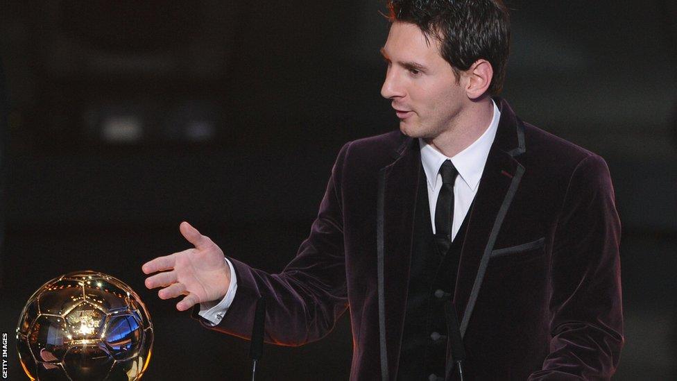 Lionel Messi wins the Fifa Ballon d'Or award for the third time in January 2012