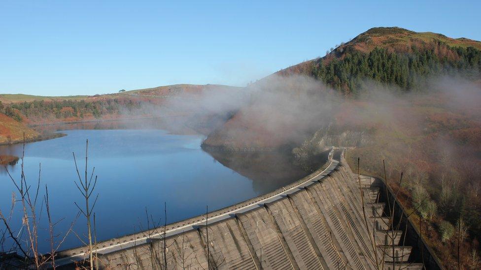 Clewedog Dam above Llanidloes, with the mist rising on a frosty morning, by Helen Stephens