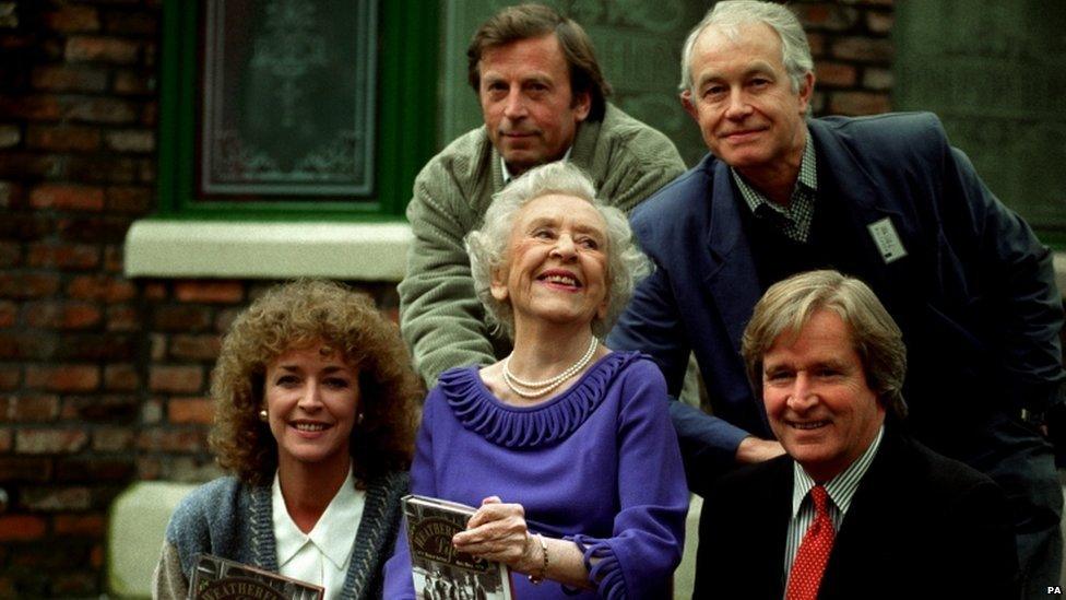 Anne Kirkbride, who played Deirdre Barlow, with other Coronation Street actors