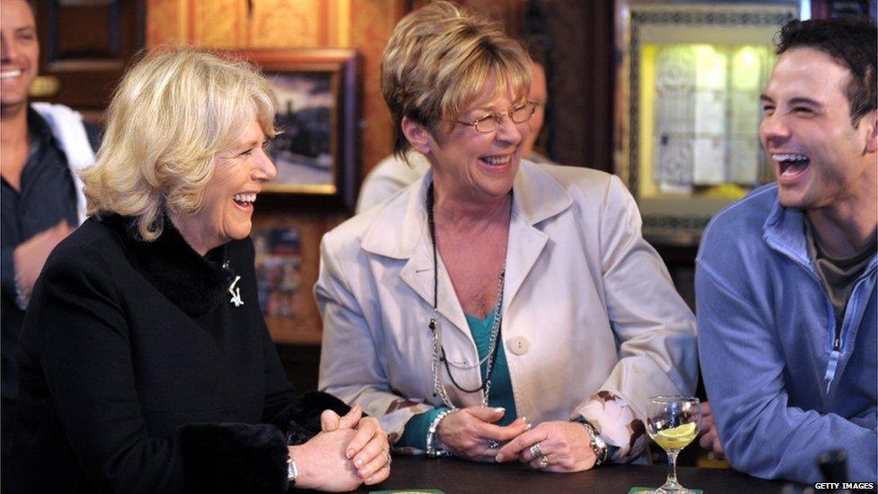 The Duchess of Cornwall with actors Anne Kirkbride and Ryan Thomas