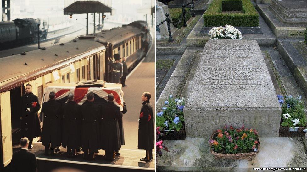 Churchill's coffin leaves Waterloo/ Gravestone at Bladon