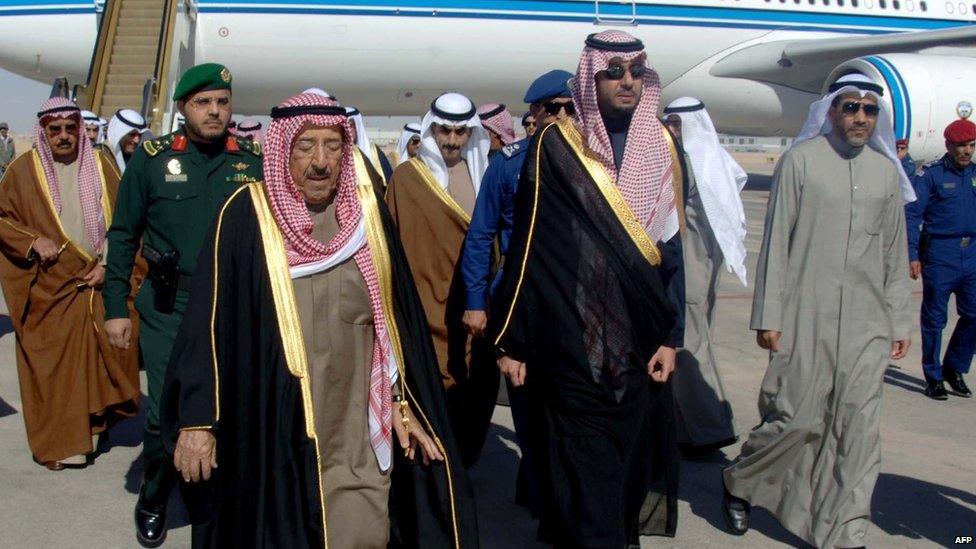 A handout picture released by the Saudi Press Agency (SPA) shows Kuwaiti Emir Sheikh Sabah al-Ahmad al-Jaber al-Sabah (front-L) upon his arrival in Riyadh to attend the funeral of King Abdullah on 23 January 2015