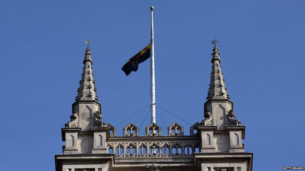 The Union Flag flies at half mast over Westminster Abbey in London, the UK, following the death of King Abdullah of Saudi Arabia on 23 January 2015