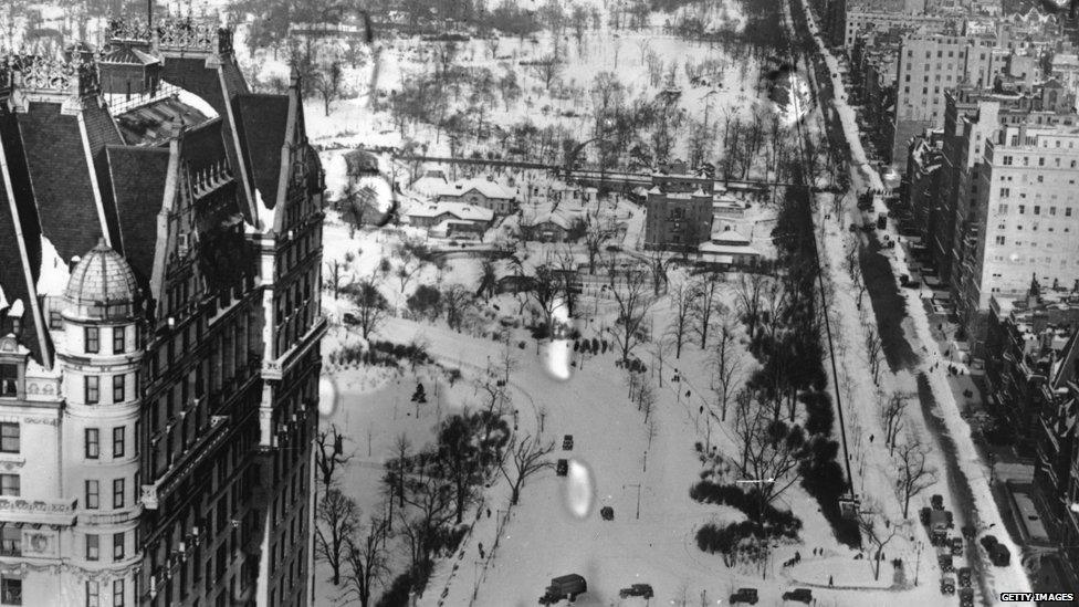 16th February 1926: A view from the top of the Hecksher Building on Fifth Avenue of Central Park covered in snow after a blizzard which swept New York City