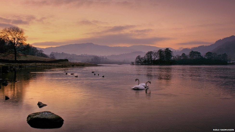 Wintry dusk over Rydal Water