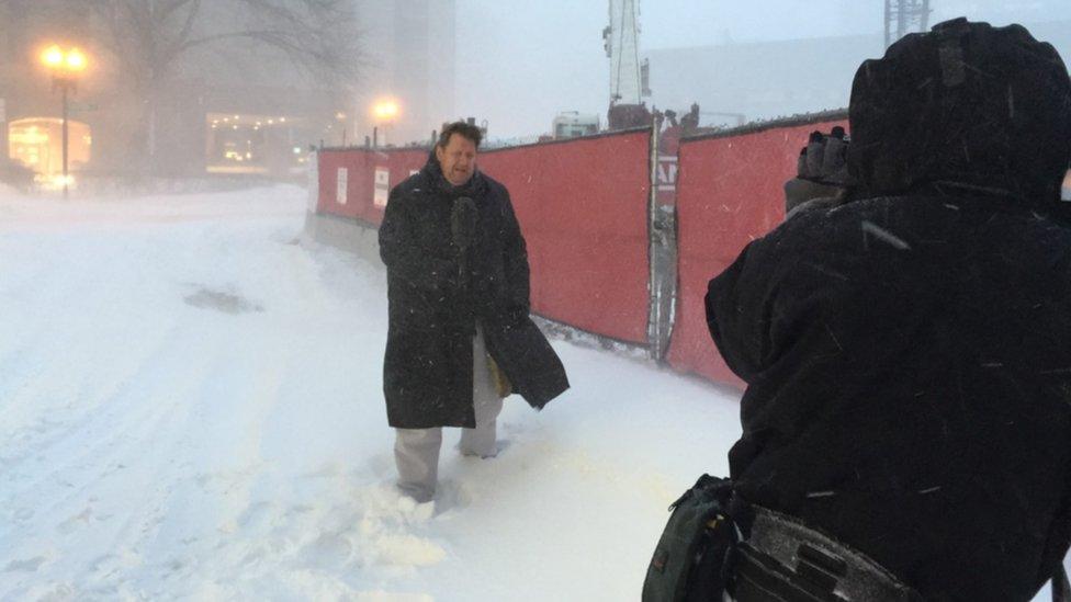 BBC reporter Gary O'Donoghue battles snowy conditions in Boston, MA