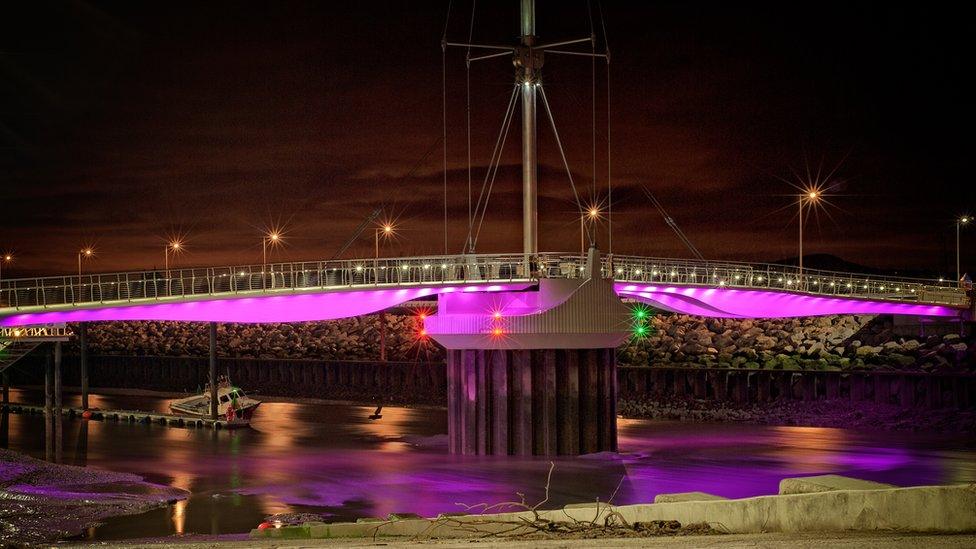 Rhyl's Pont y Ddraig bridge is illuminated in this picture by Martin Hughes, of Prestsatyn.