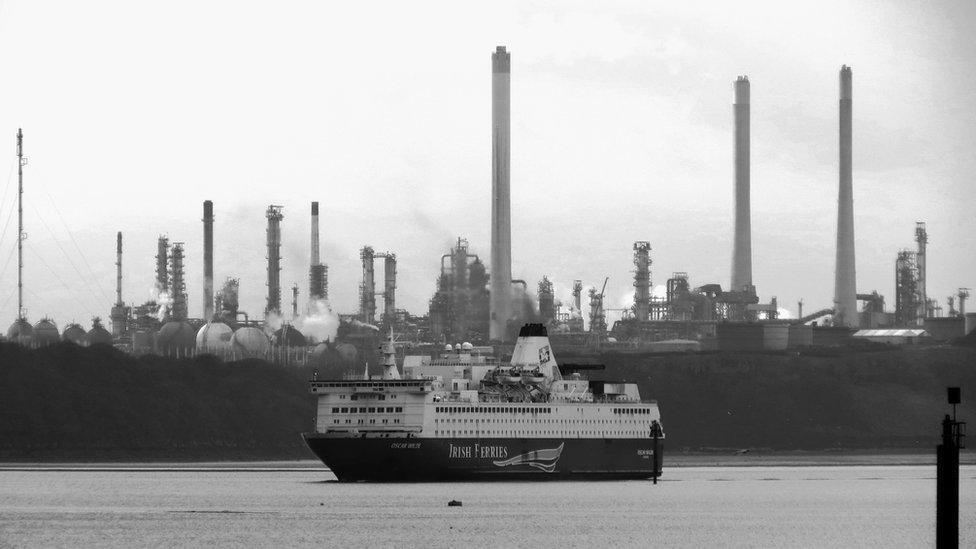 A ferry coming into dock with the refinery behind it at Pembroke Dock taken by Richie Hammond.