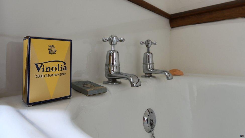 Vinolia cold cream bath soap sits in the bathroom of Stoneywell in Ulverscroft