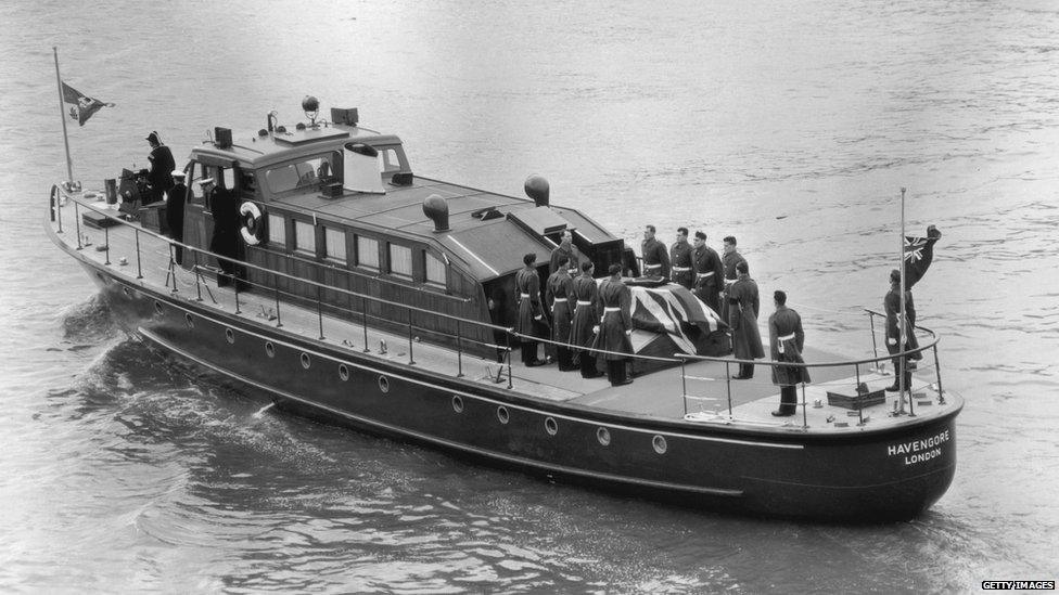 Winston Churchill's coffin on the Havengore during his funeral in 1965