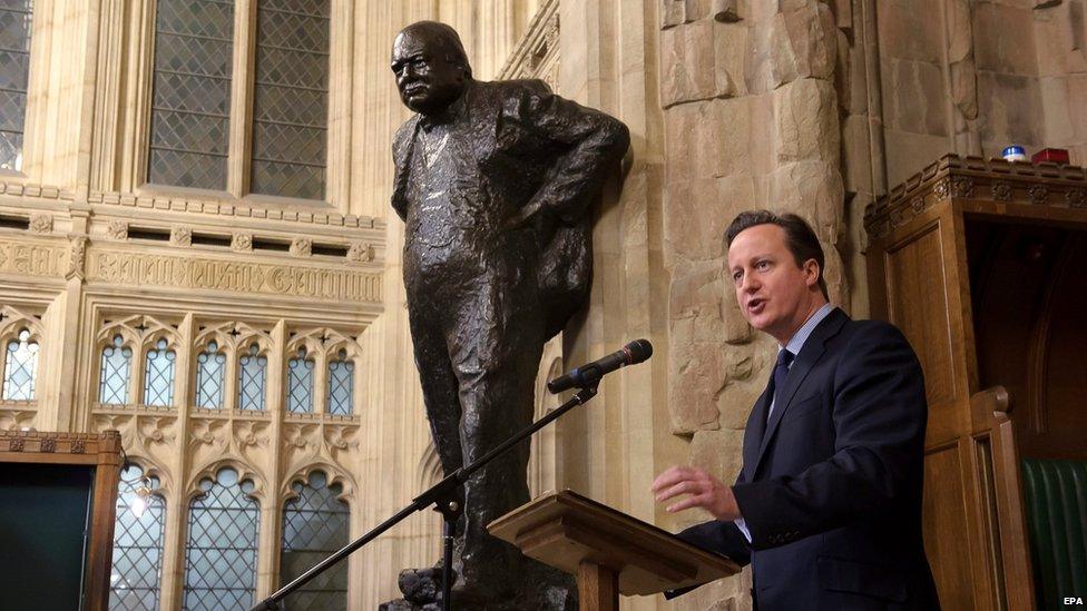 David Cameron at the statue of Winston Churchill