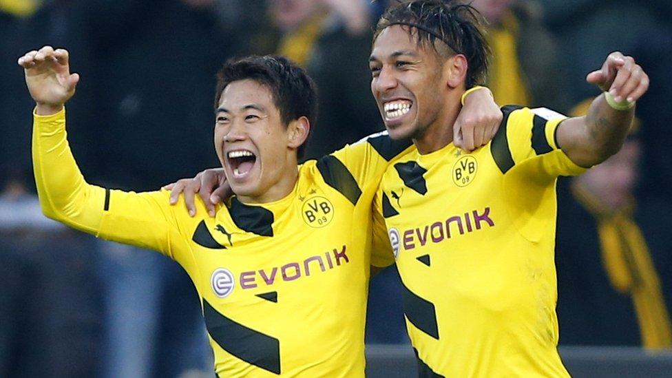 Shinji Kagawa and Pierre-Emerick Aubameyang celebrate for Borussia Dortmund