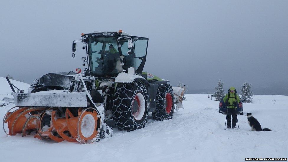 Snow vehicle and dog