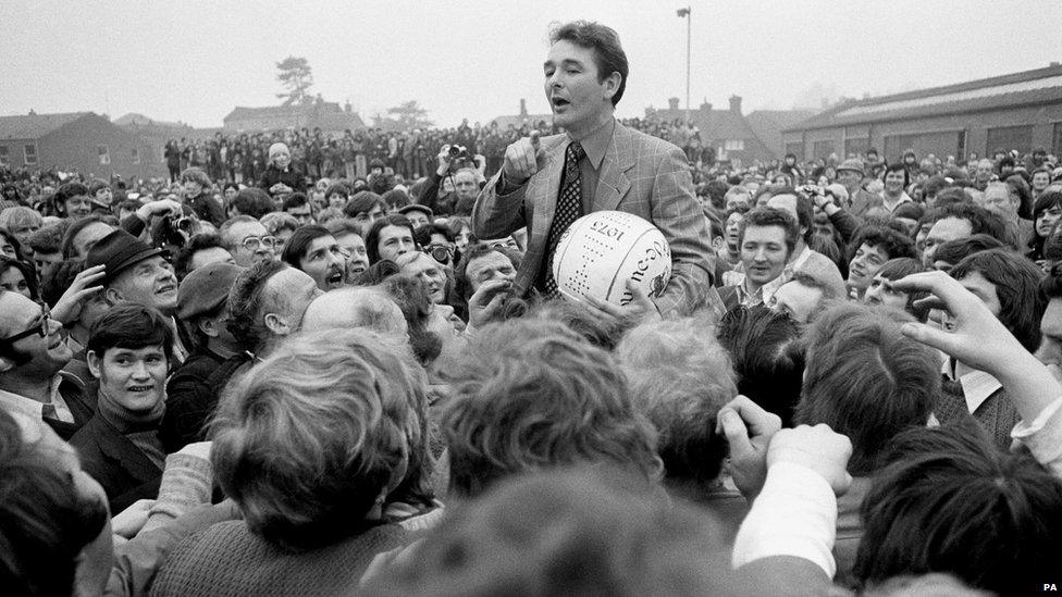 Nottingham Forest manager Brian Clough addresses the crowd before starting the game in 1975