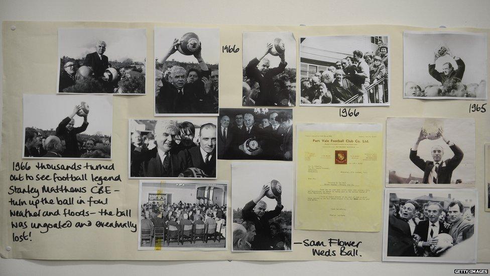 Historical pictures are displayed in the town hall before rival teams the 'Up'ards and Down'ards' battle for the ball in the annual Shrove Tuesday 'no rules' football match on February 12, 2013, in Ashbourne, England.