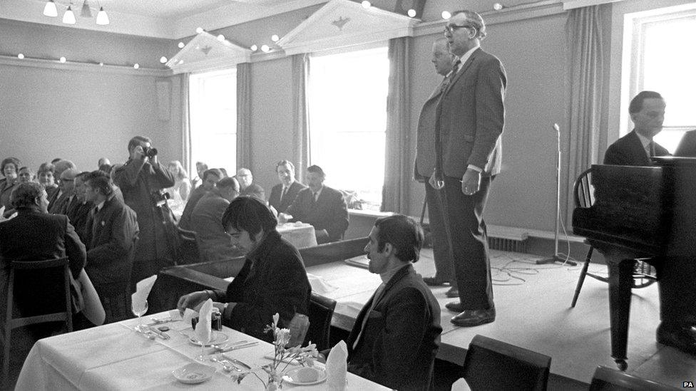 Arthur Frogatt and Arthur Chadwick sing the Ashbourne Football Song during the Shrovetide luncheon in 1969