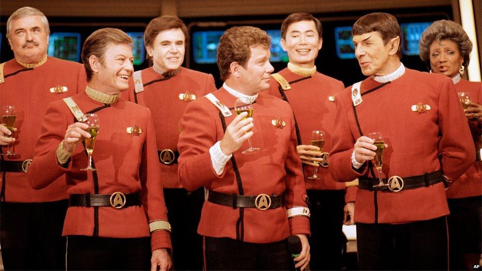 Leonard Nimoy with the rest of the Star Trek team in 1988