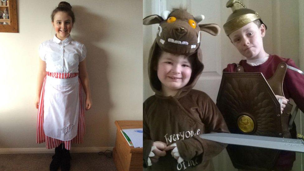 Marthaas Mrs Pepperpot and Thomas as the Gruffalo and Callum as a Roman soldier.