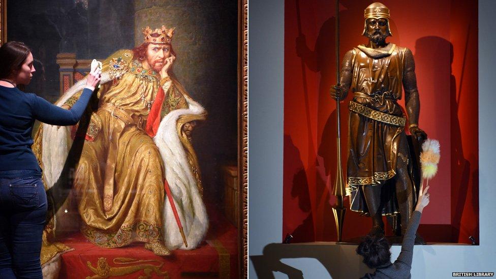 Portrait of Herbert Beerbohm Tree as King John in King John by William Shakespeare by Charles Buchel and statue of Geoffrey de Mandeville