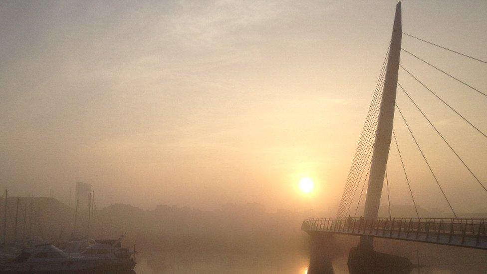 Low sun shining on to the sail bridge in Swansea, taken by Jithender Beeram