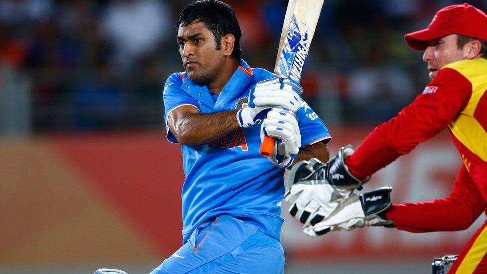 MS Dhoni sweeps a ball for four against Zimbabwe