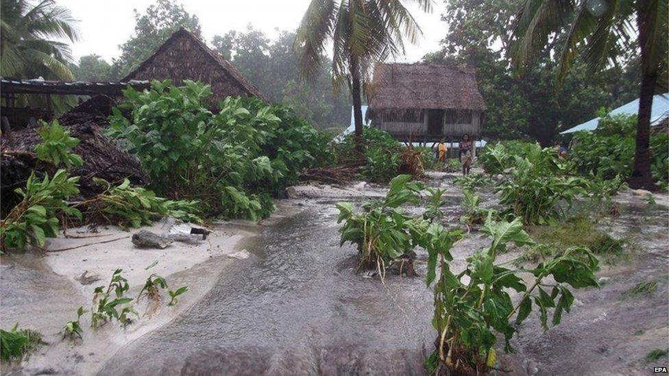 A handout image provided by the Red Cross Australia on 13 March 2015 shows the situation in Kiribati ahead of Cyclone Pam, 13 March 2015