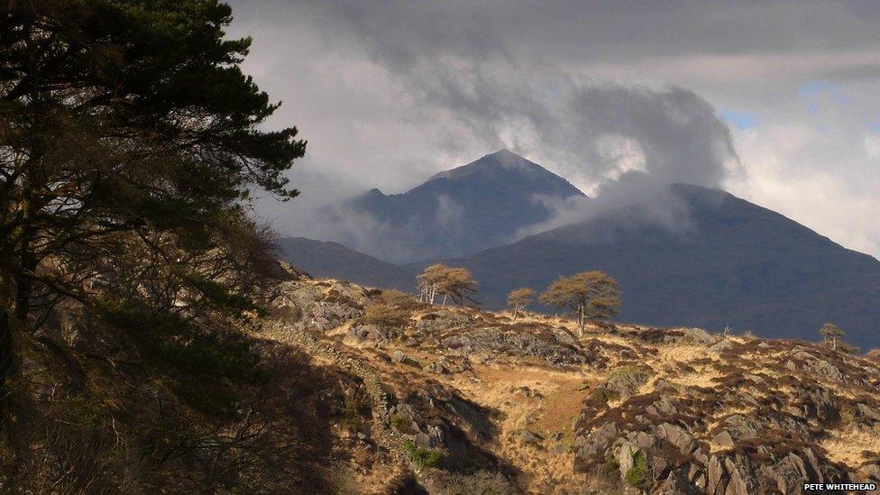 Snowdon from above Aberglaslyn Hall descending from Bryn Banog taken by Pete Whitehead of Y Felinheli, Gwynedd