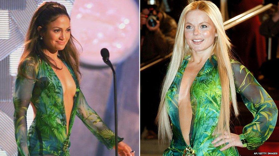 Jennifer Lopez and Geri Halliwell both wearing the Versace dress