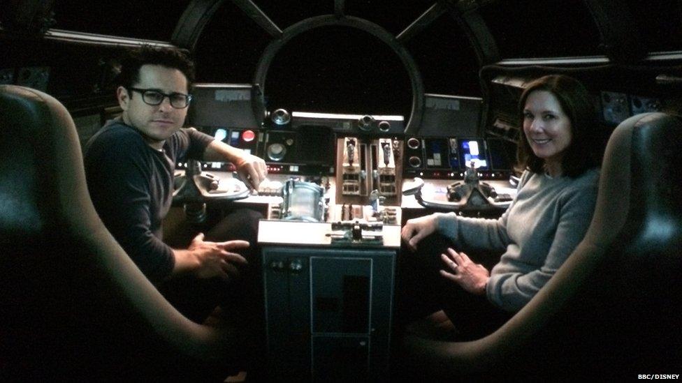 JJ Abrahmsand Kathleen Kennedy in the Millennium Falcon