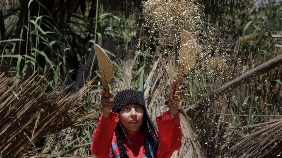 An Egyptian actress working at the Pharaonic Village simulates ancient agriculture scenes during a show marking Sham el-Nessim, or smelling the breeze, in Giza, Egypt, Monday, 13 April 2015