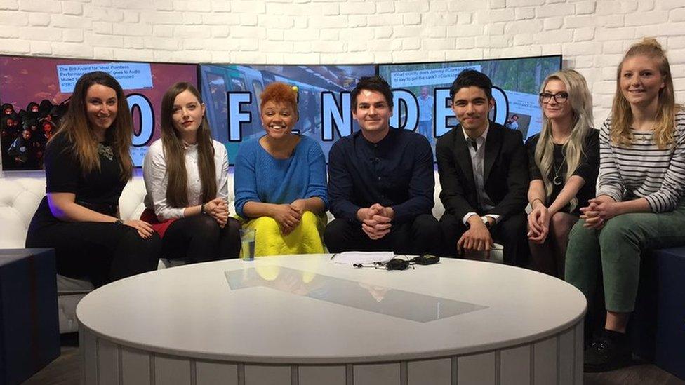 Radio 1 DJ Gemma Cairney, reporter Rick Kelsey and listeners sat on sofa