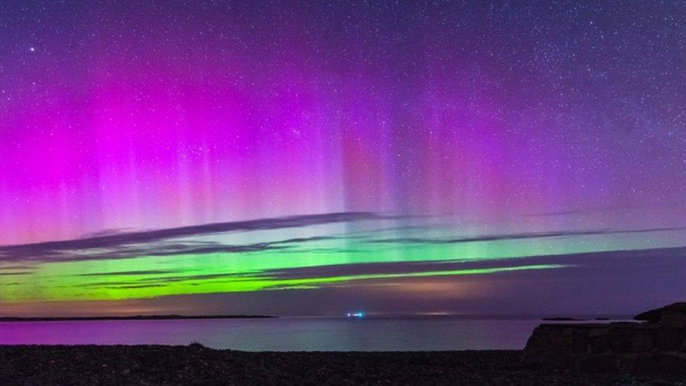 The Northern Lights over, Cemlyn Bay, Anglesey