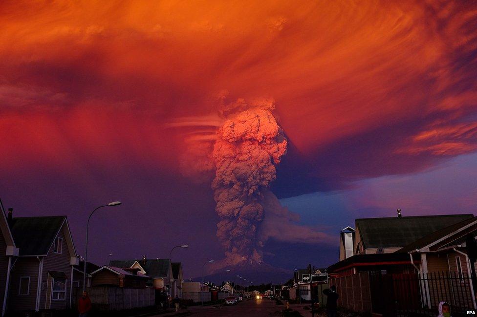General view of Chilean Calbuco volcano from Puerto Montt, located at 1000 km southern Santiago de Chile, Chile, 22 April 2015.