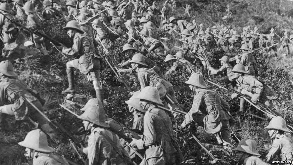 Troops storming a hill in Gallipoli