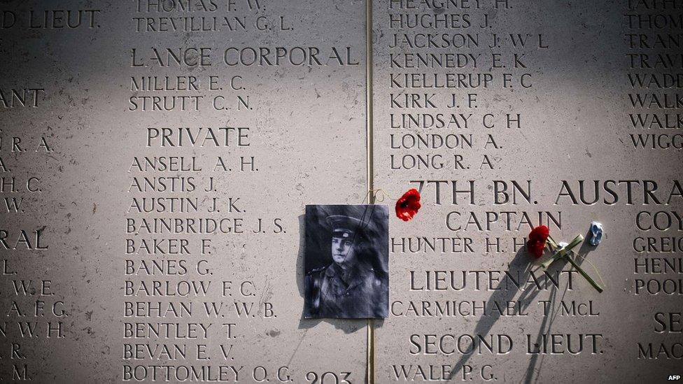 A picture of Cpt Herbert Hunter from 7th Australian infinity is seen on a wall at the Helles Memorial