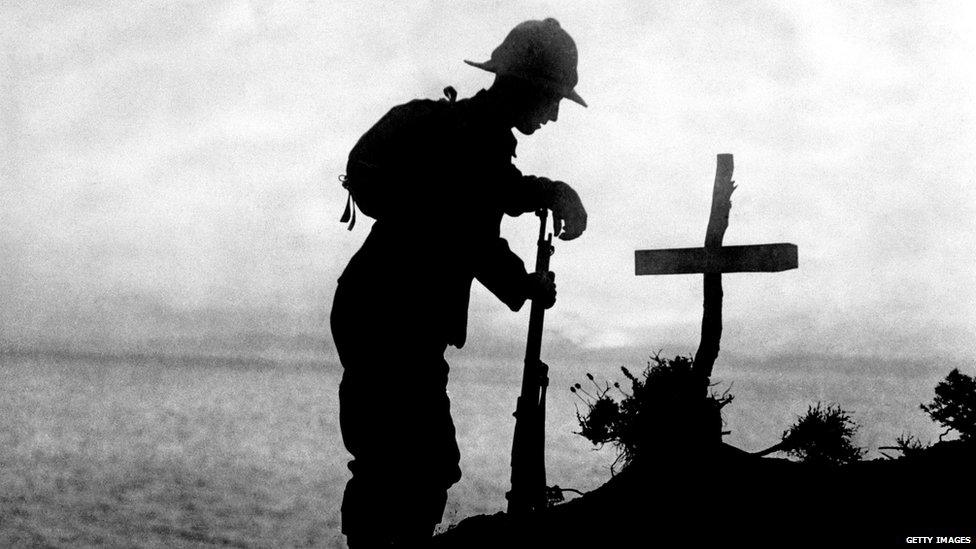 A soldier stands over a grave in Gallipoli in 1915