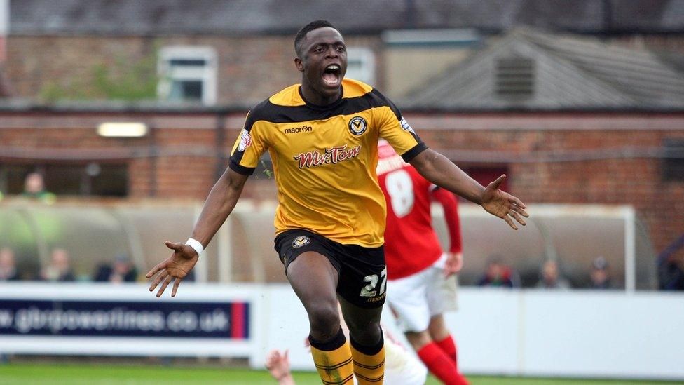 David Tutonda of Newport County celebrates after scoring first goal