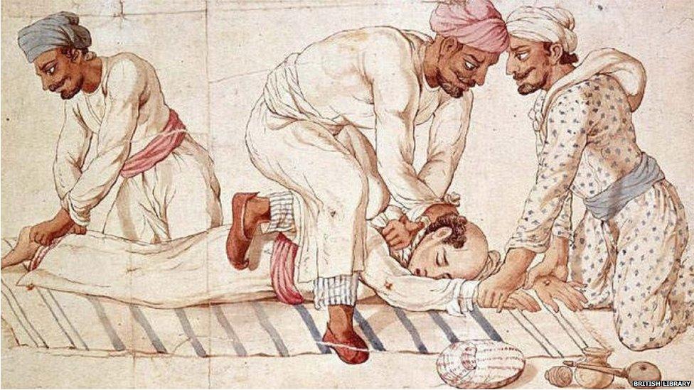 A 19th-century watercolour by an unknown Indian artist depicts three Thugs strangling a traveller