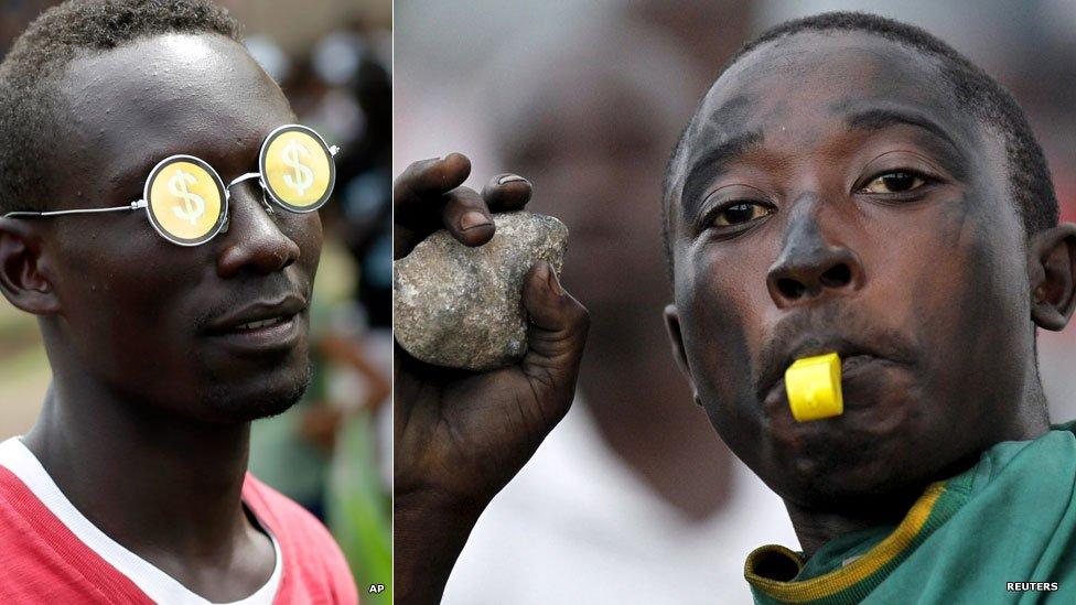 L: A demonstrator wears glasses with dollar signs - Wednesday 29 April 2015; R: A protestor holds a stone during clashes with riot police - Monday 27 April 2015. Both in Bujumbura, Burundi