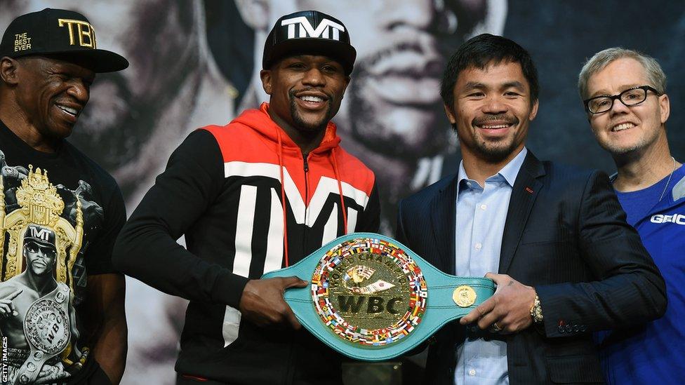 Floyd Mayweather Sr, Floyd Mayweather Jr, Manny Pacquiao and Freddy Roach