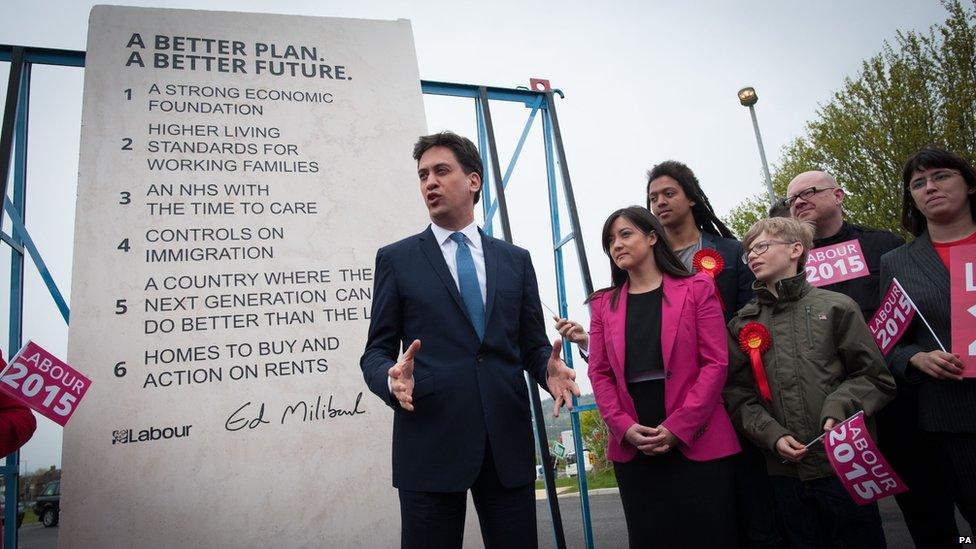 Ed Miliband and his pledge stone