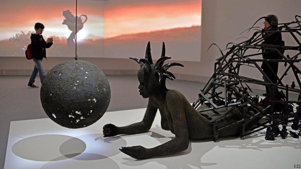 The artwork The End of Carrying All by Kenyan artist Wangeti Mutu is on display inside the Pavilion of the Nations at the 56th International Art Exhibition in Venice, Italy, 5 May 2015