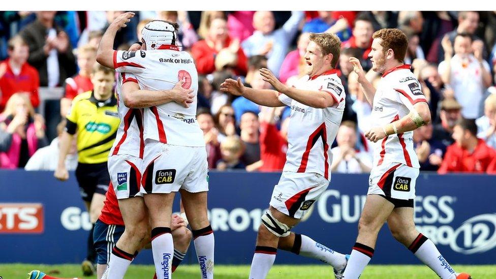 Rory Best, Chris Henry and Paddy Jackson are first to arrive to congratulate Tommy Bowe on scoring a try for Ulster