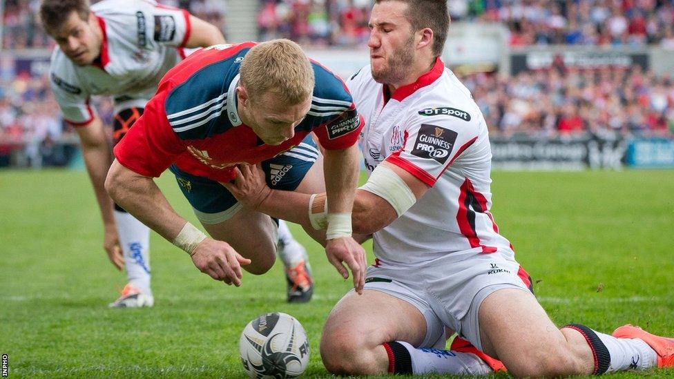 Stuart McCloskey fails to stop Munster's flying wing Keith Earls scoring a try in the 76th minute