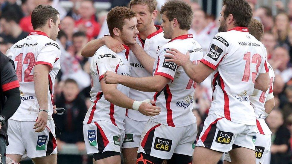 Paddy Jackson receives the plaudits from his relieved team-mates after converting Paul Marshall's stoppage-time try to earn a draw for Ulster