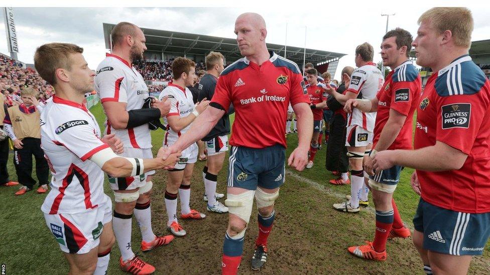 Munster legend Paul O'Connell shakes hands with Ulster try-scorer Paul Marshall after the 23-23 draw which takes the race for a home semi-final berth down the last weekend