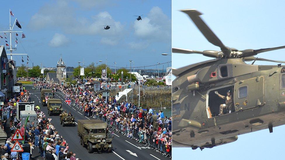 Military parade and Merlin and Sea King helicopters