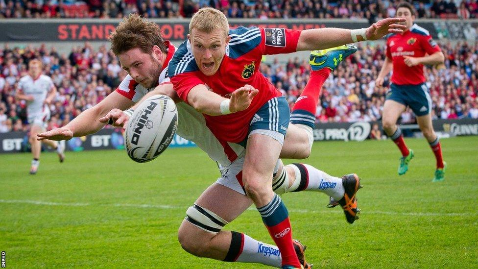 Iain Henderson makes a superb intervention to deny Keith Earls scoring an opening try for Munster