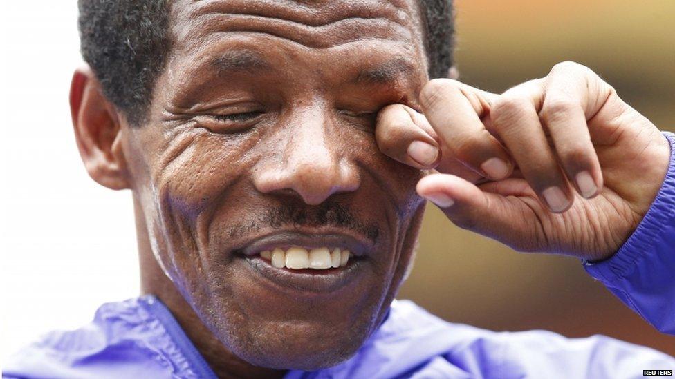 Athletics - Great CityGames Manchester 2015 - Manchester - 10/5/15 Ethiopia"s Haile Gebrselassie wipes his eye during an interview after the race where he announced his retirement Action Images via Reuters / Andrew Boyers Livepic