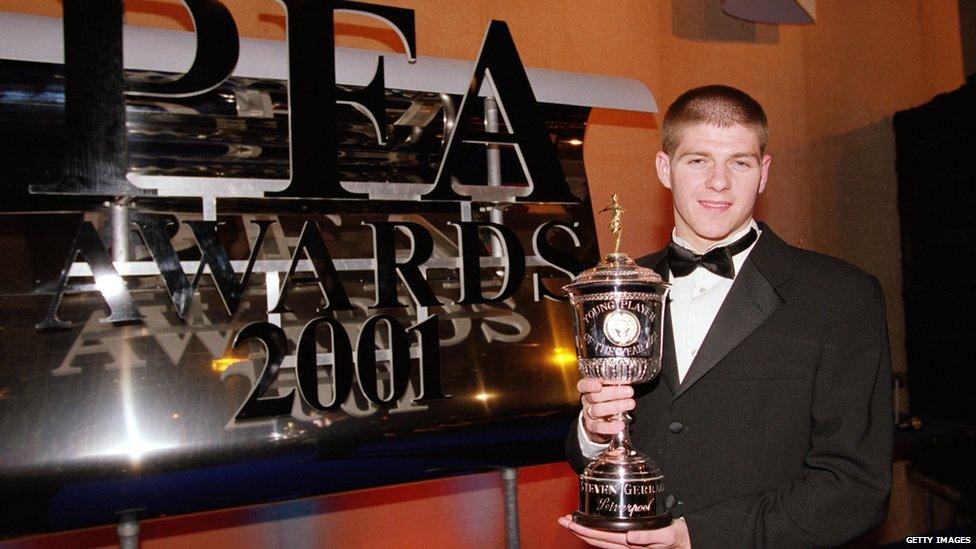 Steven Gerrard holds the PFA Young Player of the Year award in 2001